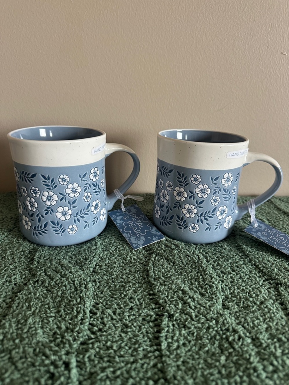 Petal & Pearl Blue Floral Mugs Hand Painted Set of 2 NEW!